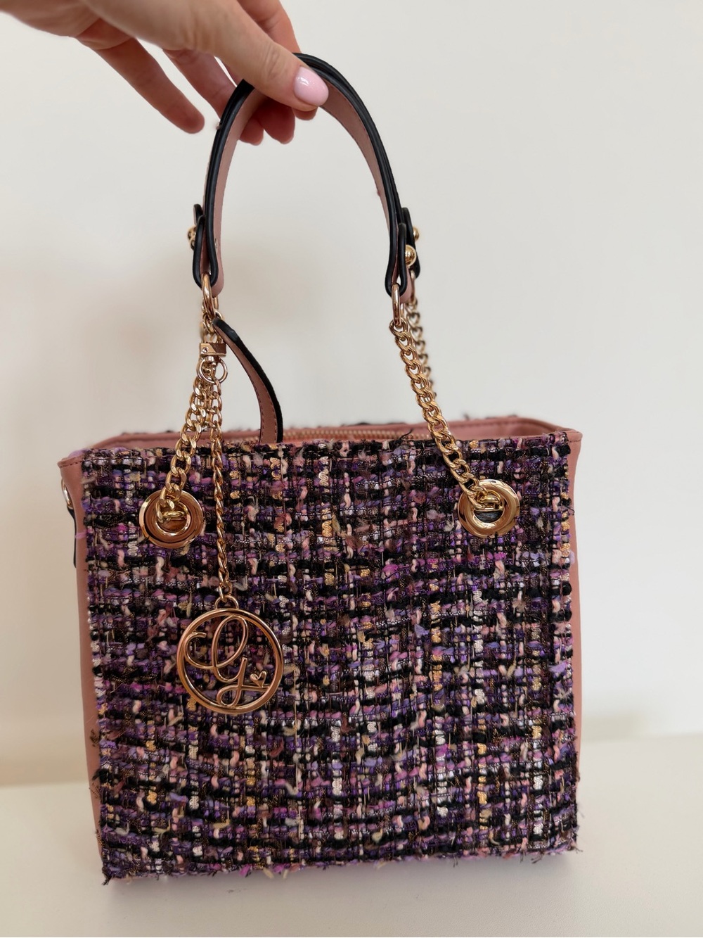 Pink Tweed Chain-Handle Tote Bag $75